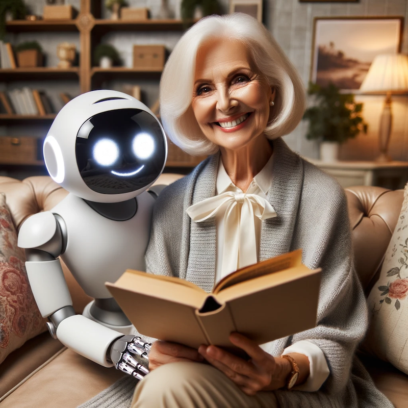 Robot exploring document with elder woman